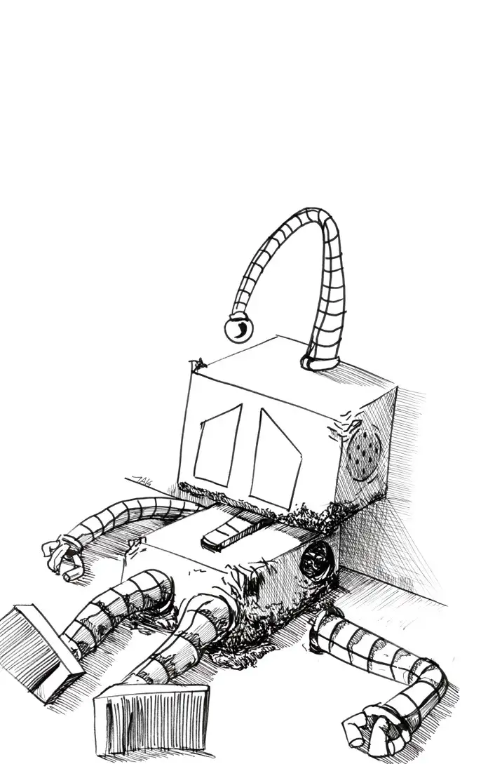 A black-and-white sketch shows a crudely drawn, boxy robot with segmented limbs and a single antenna, lying on its side with…