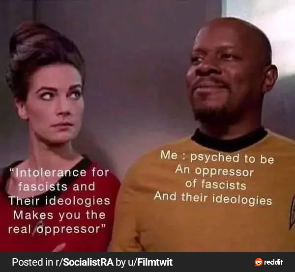 A still from Star Trek shows a woman in a red uniform looking skeptical while a man in a yellow uniform smiles smugly. Text…