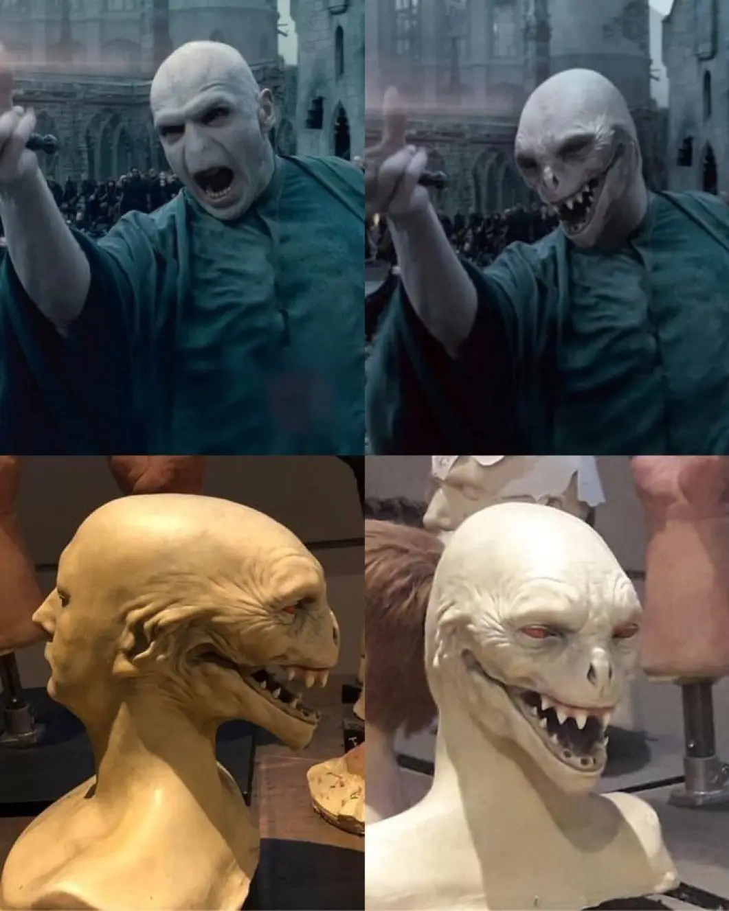 The meme shows a split-screen comparison: top panels depict Lord Voldemort from Harry Potter with his human face, then…
