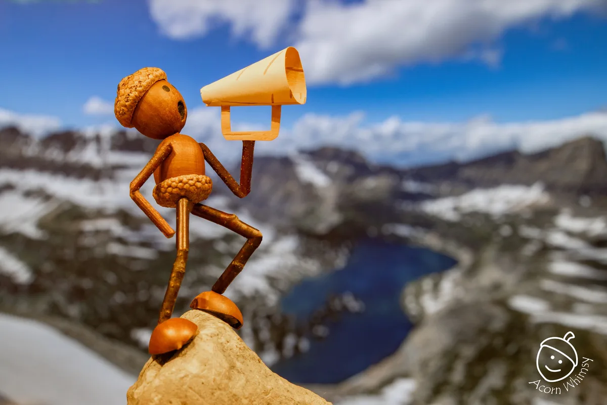 A whimsical figurine crafted from acorns and twigs stands atop a rock, holding a megaphone, against a backdrop of snowy…