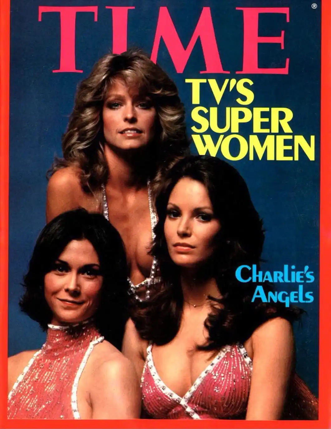 The image is a vintage TIME magazine cover featuring three women from the TV show 'Charlie's Angels', dressed in glamorous…