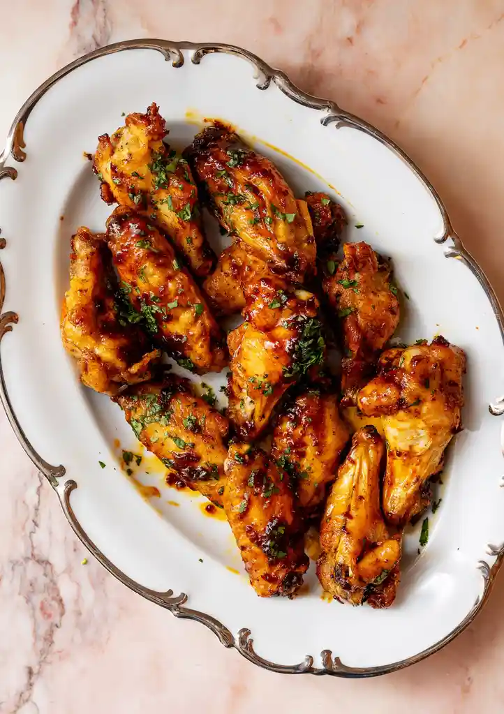 A plate of glossy, sauced chicken wings garnished with chopped green herbs sits on an ornate white platter with a silver…