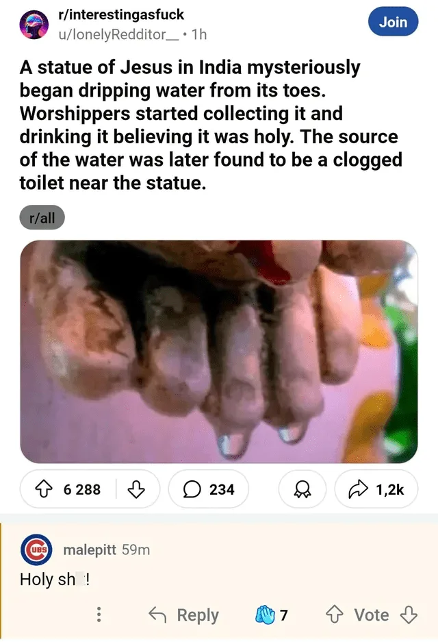 A close-up image shows a statue's toes with water droplets visibly dripping from them. The overlaid text explains that…
