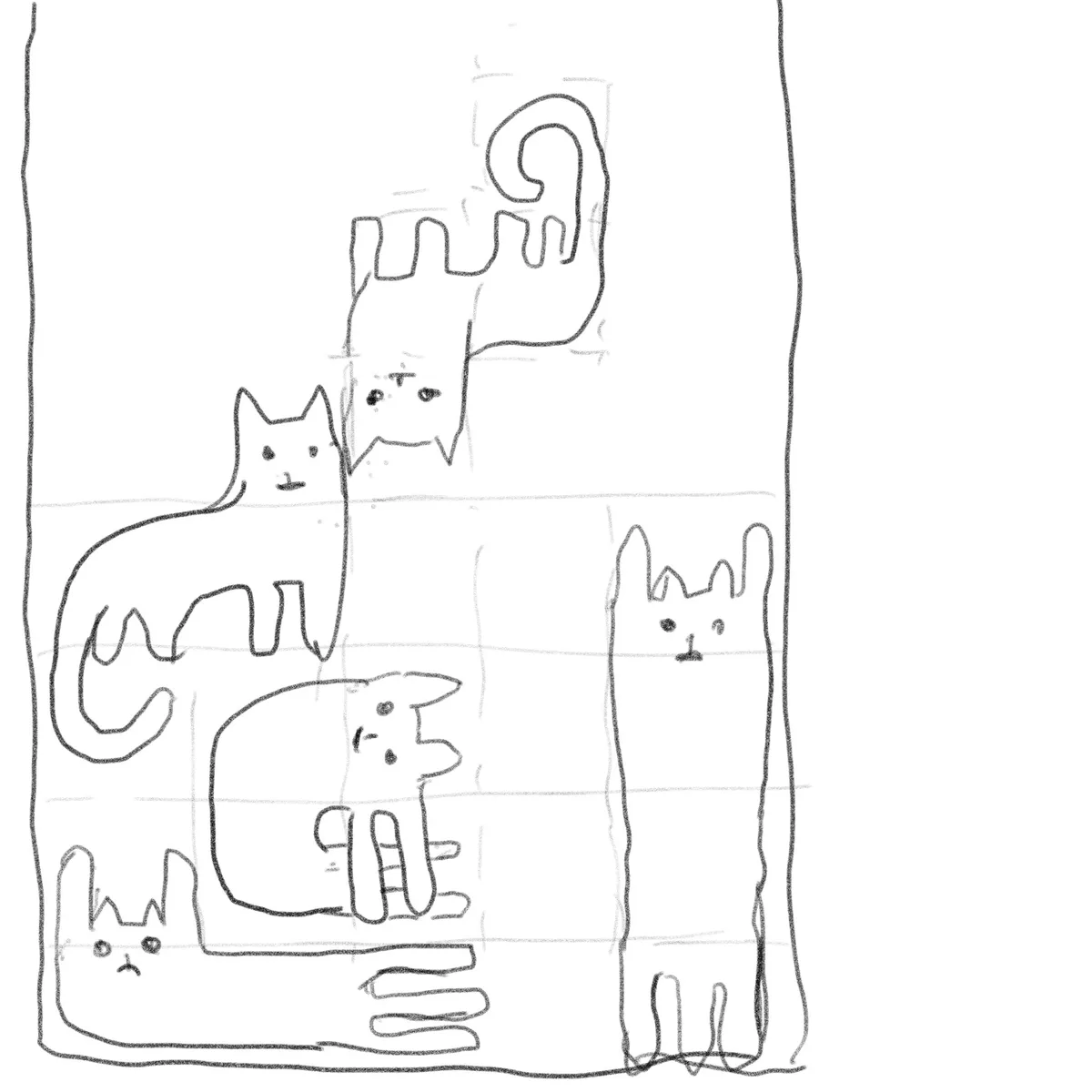 A simple black-and-white line drawing shows five cartoon cats in various poses and expressions, with one cat in the center…