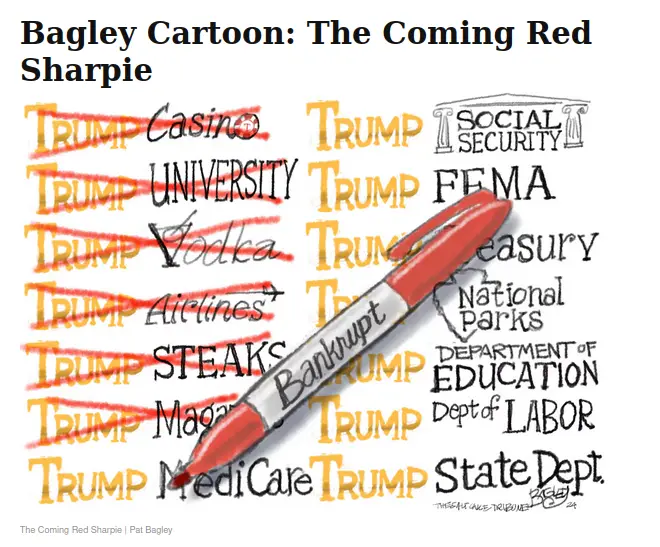 A political cartoon by Pat Bagley shows a red sharpie pen crossing out words like 'Trump', 'Casino', 'University', 'Vodka'…