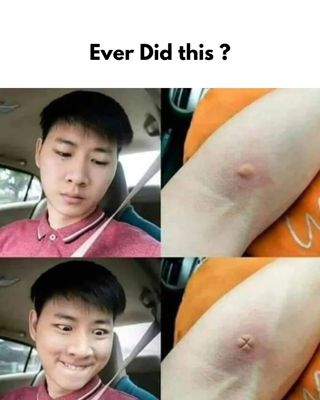 A four-panel image shows a young man in a car, first looking sad and then smiling widely. The right panels show a close-up…