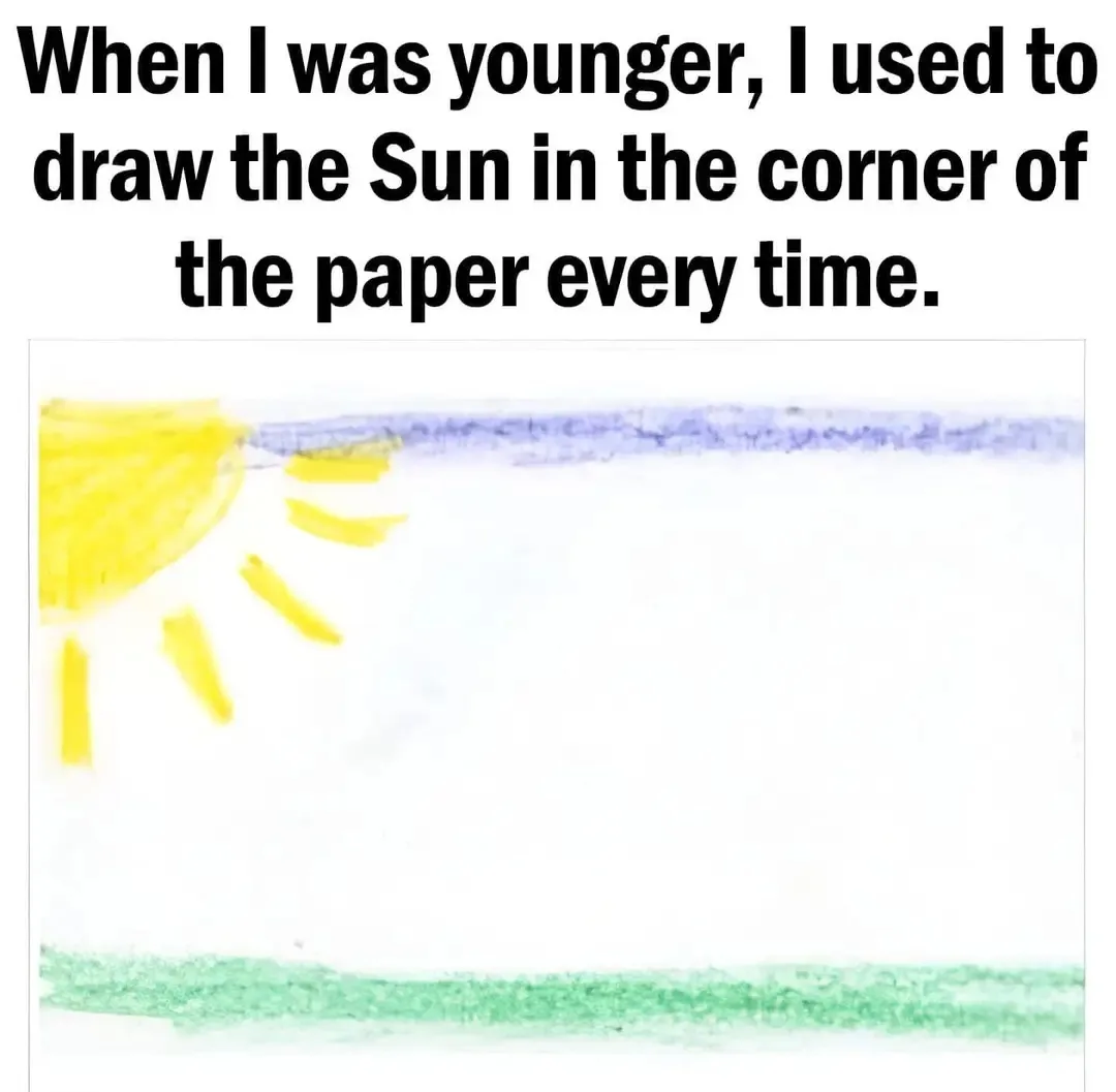 A child's crayon drawing shows a yellow sun with rays in the top-left corner, above a blue sky and below a green ground…