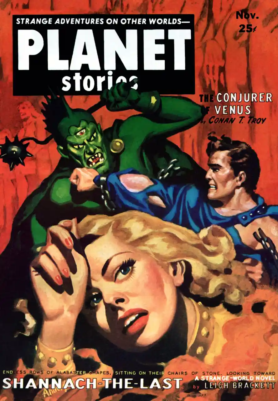 A vintage pulp magazine cover for 'Planet Stories' featuring a green-skinned alien monster attacking a man in a blue outfit…
