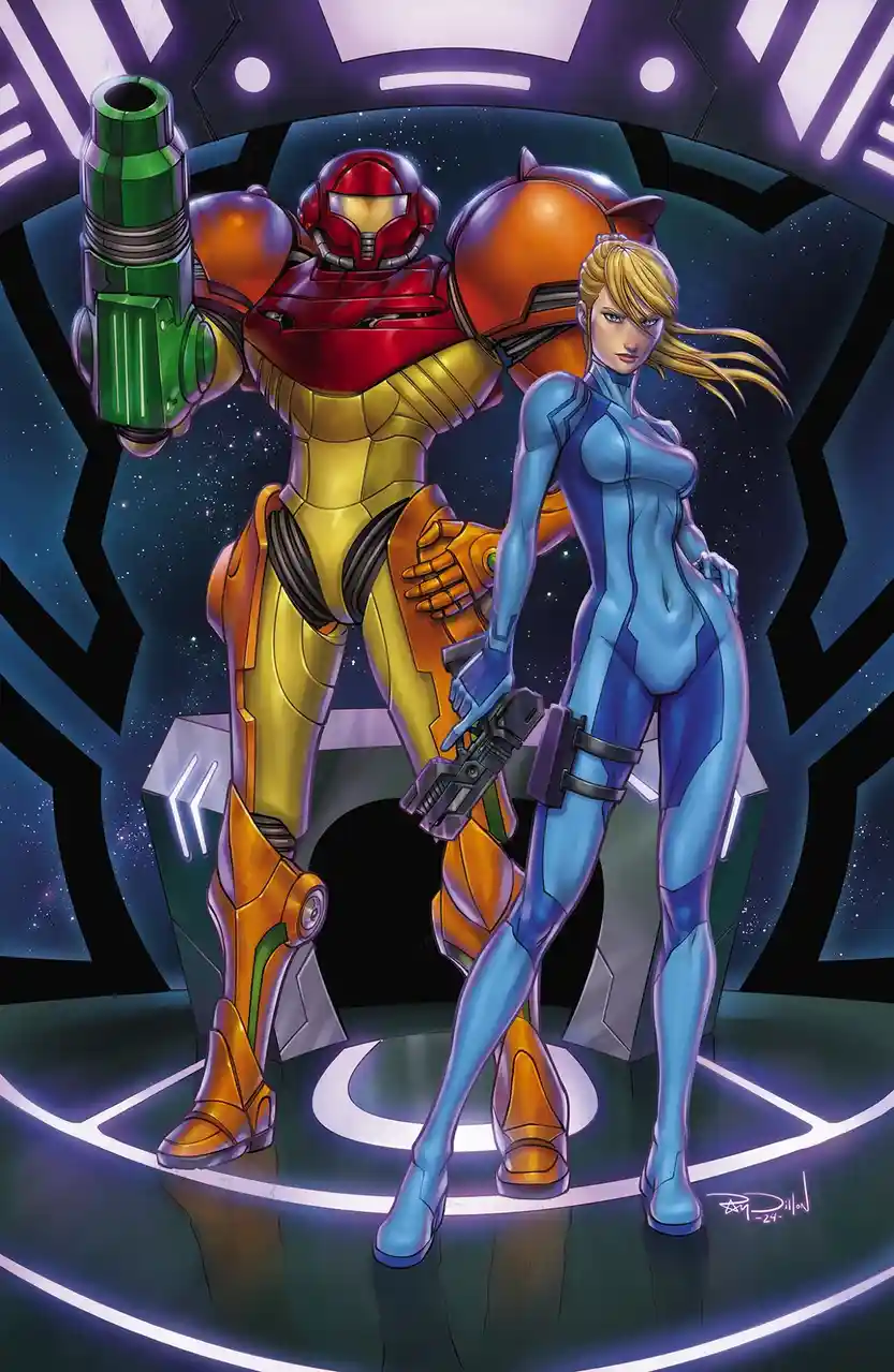A promotional illustration features Samus Aran in her iconic blue Power Suit standing beside a large, red and gold armored…