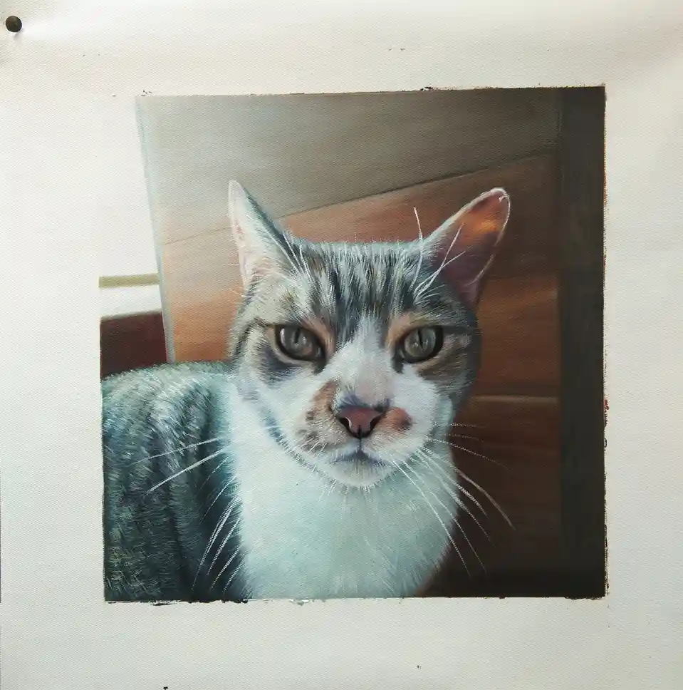 A realistic painting of a gray and white cat with a stern, unimpressed expression stares directly at the viewer, framed…