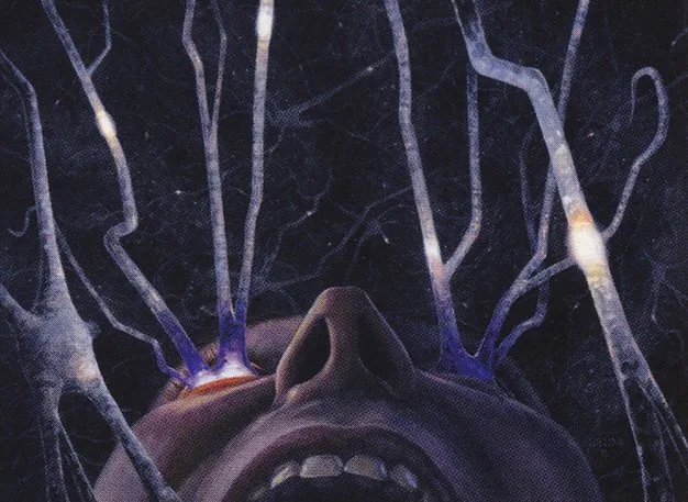A close-up of a person's face, mouth open in an expression of shock or horror, with glowing, branching neural pathways…