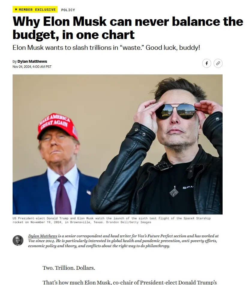 A screenshot of a Vox article shows Elon Musk adjusting his sunglasses while Donald Trump, wearing a red 'Make America Great…