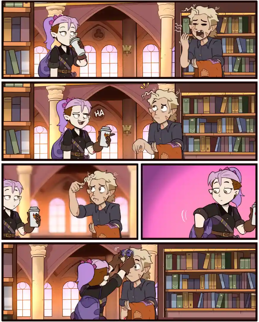 A comic strip shows a purple-haired girl drinking from a coffee cup while a blonde man nervously reads a book. She laughs…