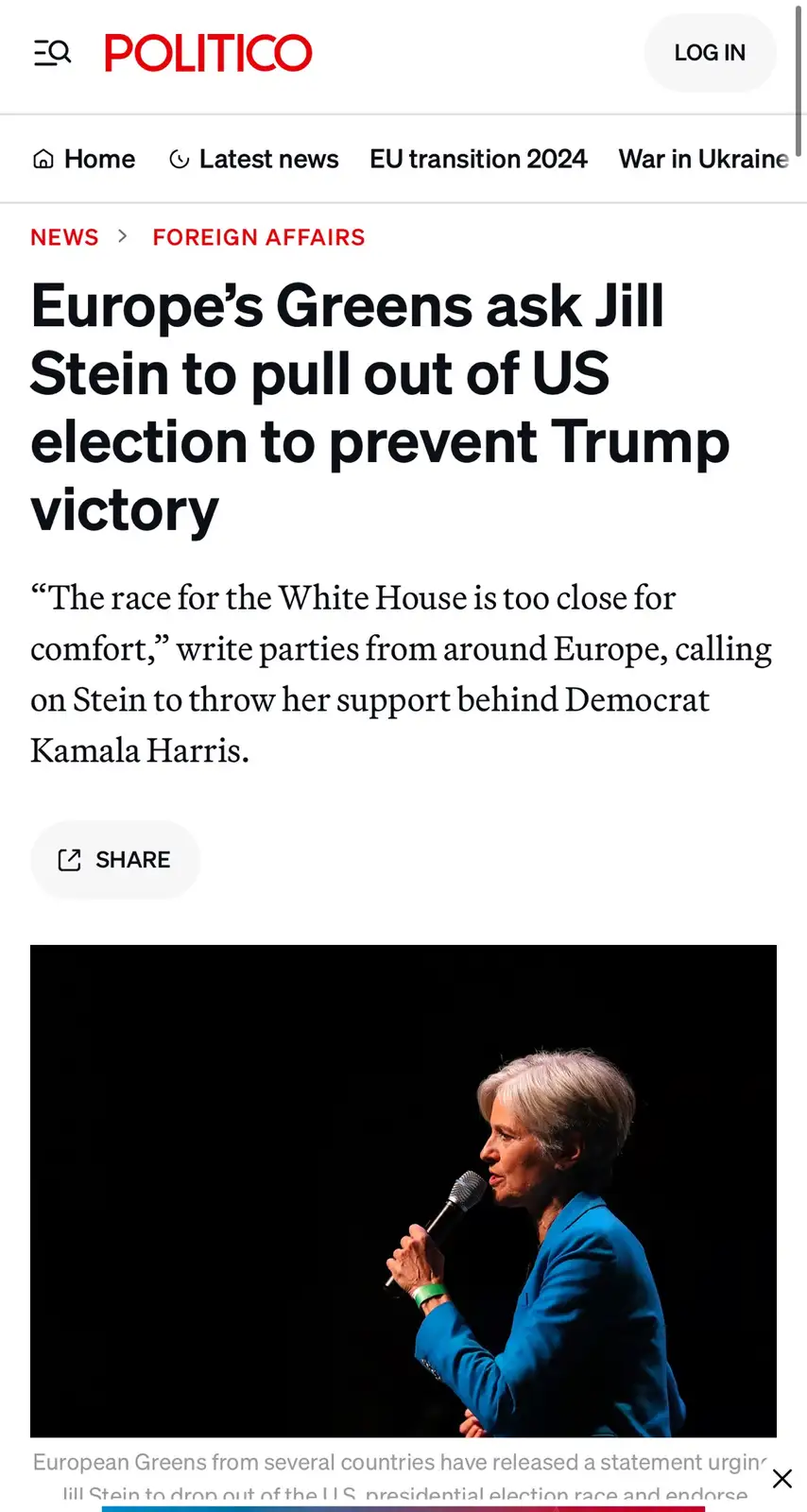 A screenshot of a Politico news article shows a headline about European Green parties urging Jill Stein to withdraw from the…