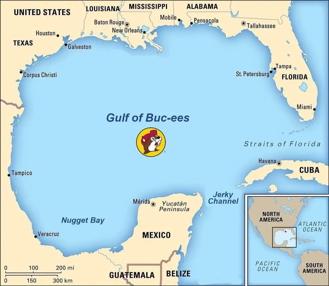 A map of the Gulf of Mexico with fictional names like 'Gulf of Buc-ees' and 'Jerky Channel', featuring a Buc-ees logo in the…
