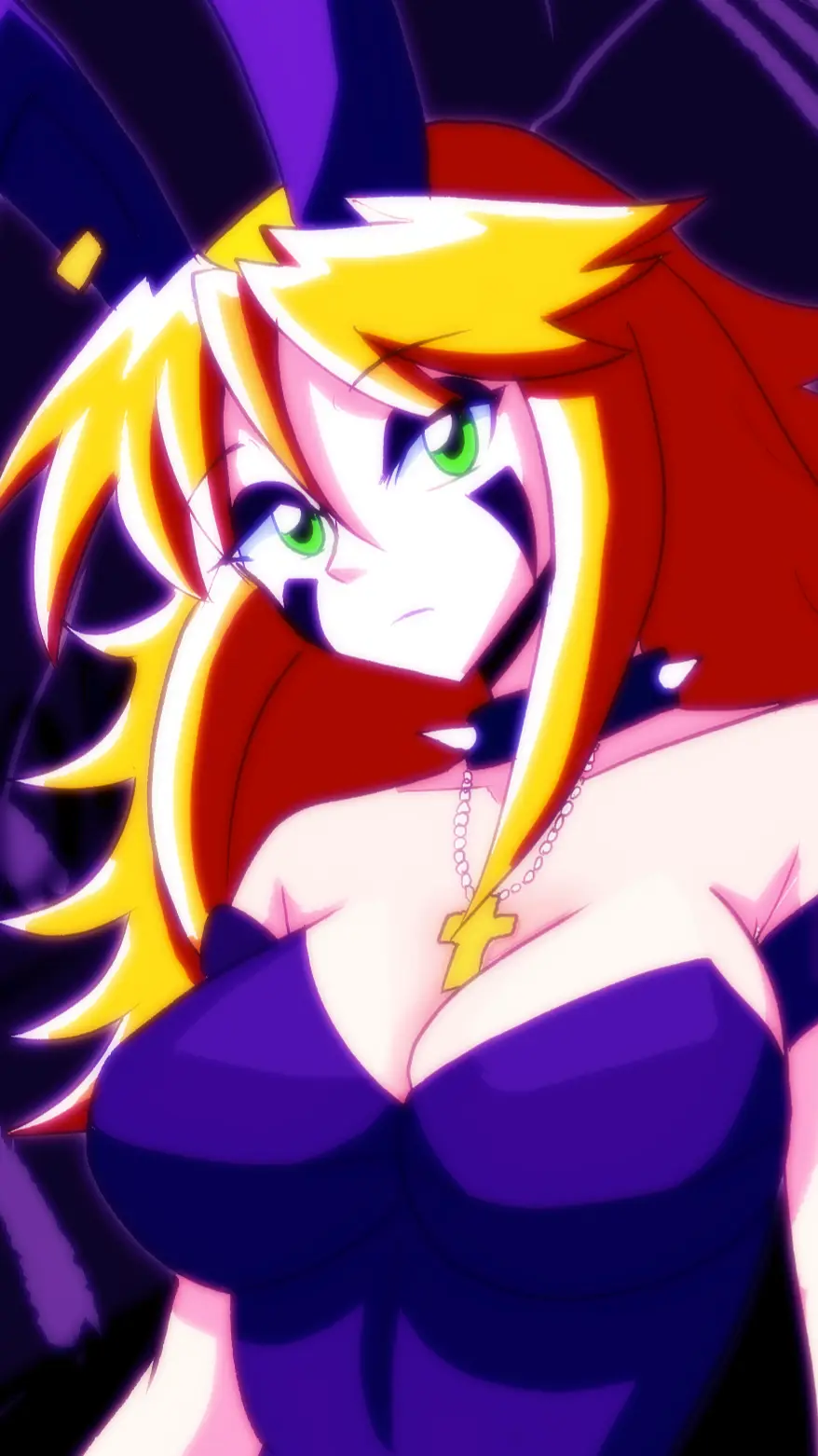An anime-style illustration of a female character with spiky blonde and red hair, green eyes, and a stern expression…