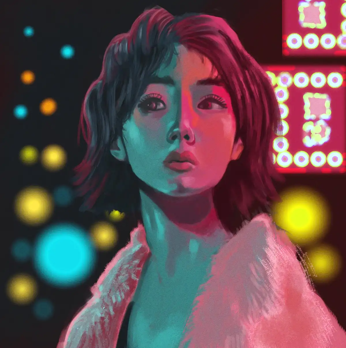 A stylized digital illustration of a young woman with short dark hair, her face split by neon lighting—left side cyan, right…