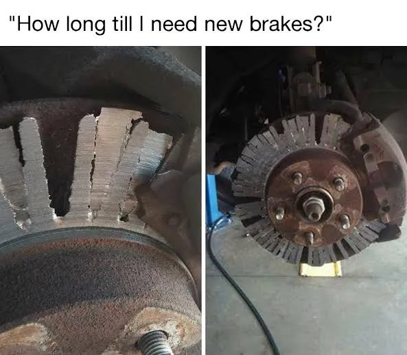 The image shows two side-by-side photos of severely worn brake rotors. The left photo displays a rotor with deep, jagged…