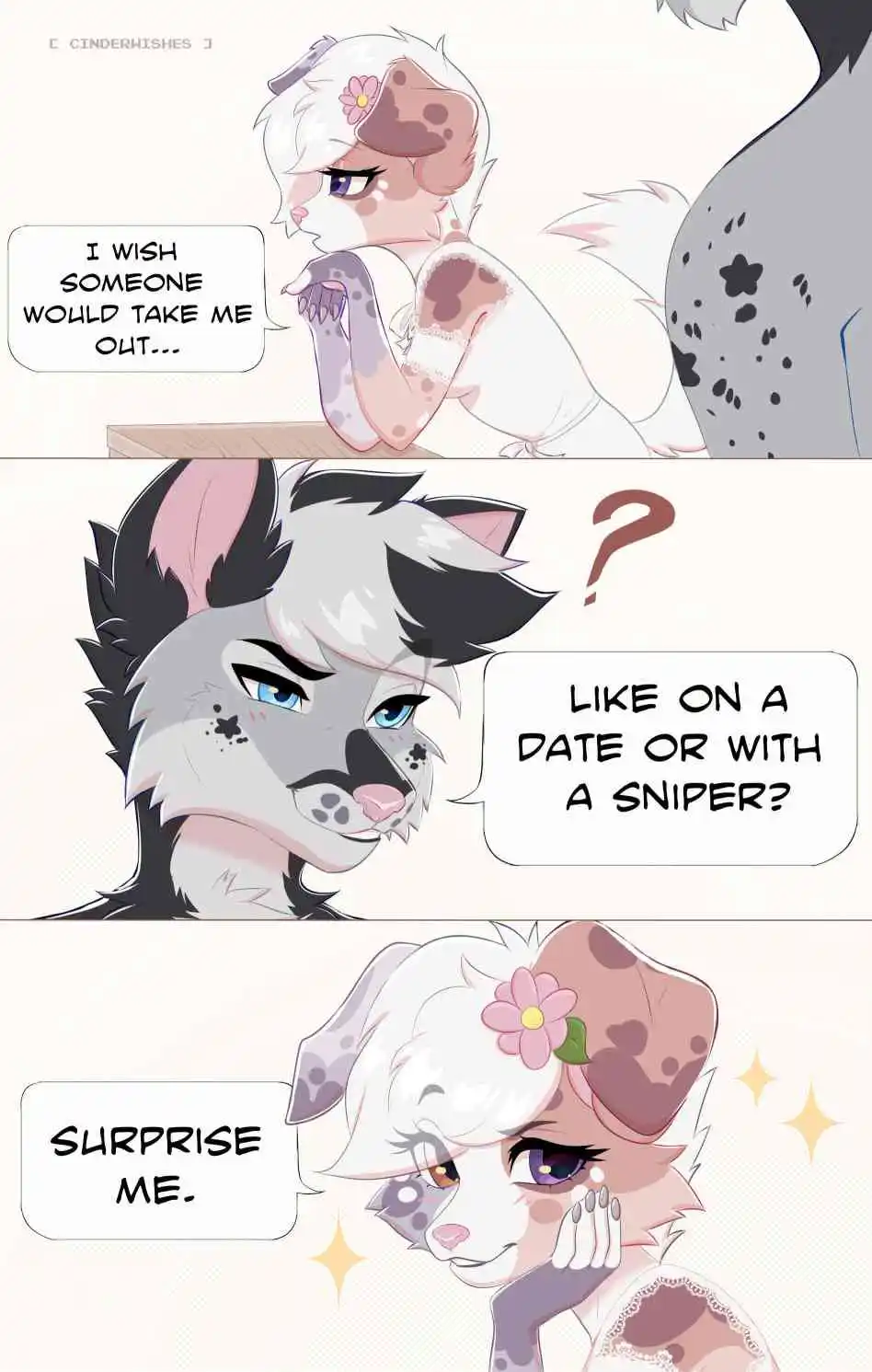 A three-panel comic featuring two anthropomorphic animal characters. In the first panel, a white-furred character with brown…