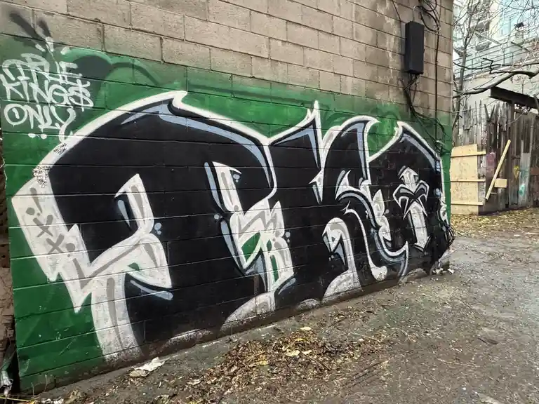 A large graffiti mural on a concrete wall features stylized black and white lettering with green accents, set against a…