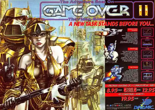 A vintage video game advertisement for 'Game Over III' features a woman in gold armor holding a sword, flanked by robotic…