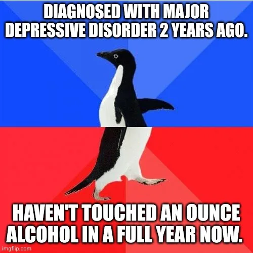 A black-and-white penguin walks confidently across a blue-and-red background. The top text reads 'DIAGNOSED WITH MAJOR…