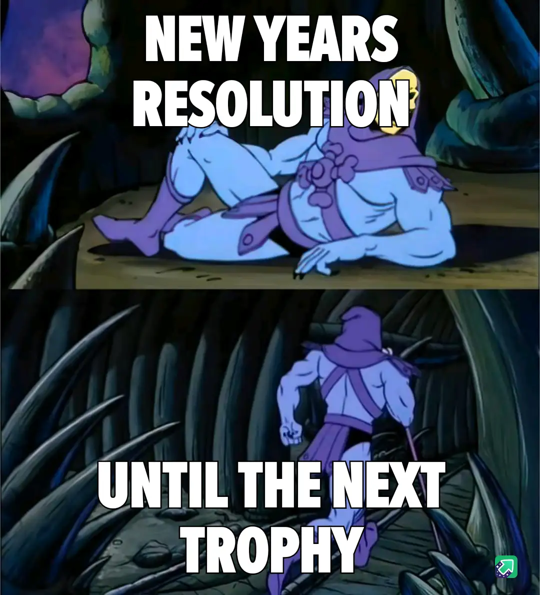 The image shows two panels of the animated character Skeletor from 'He-Man and the Masters of the Universe'. In the top…