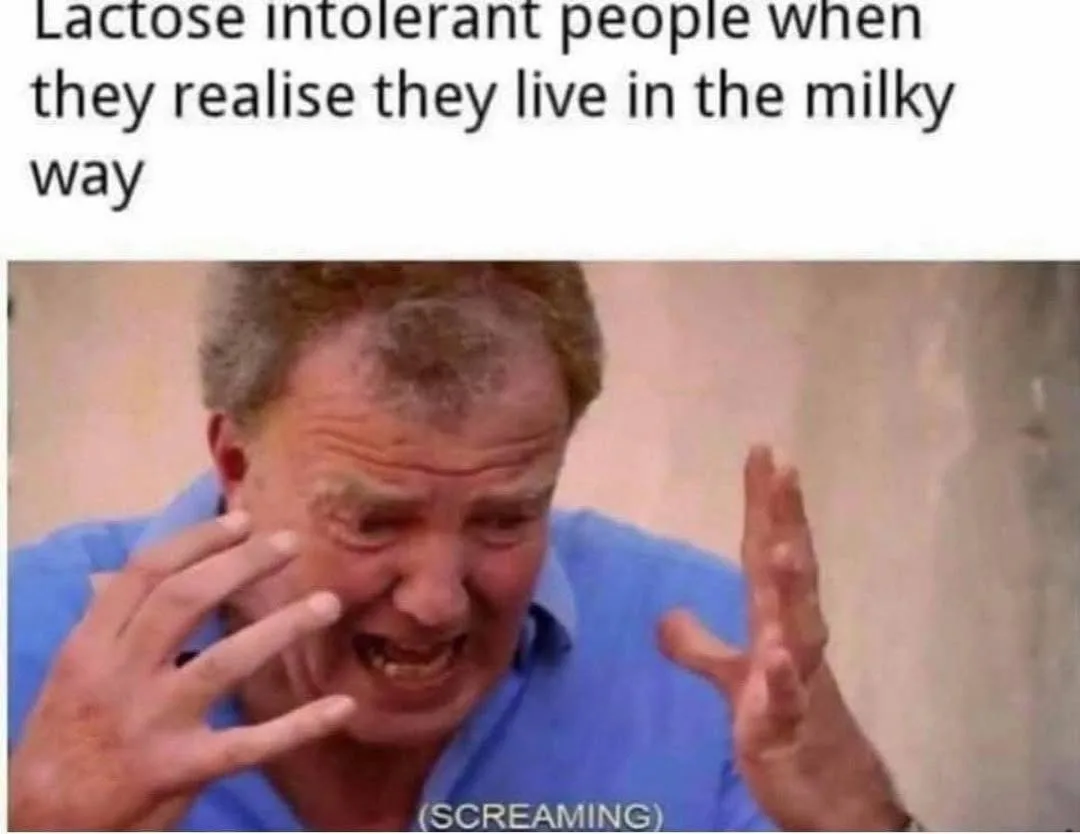 A man in a blue shirt is screaming with his hands raised, his face contorted in agony. The text above him reads 'Lactose…