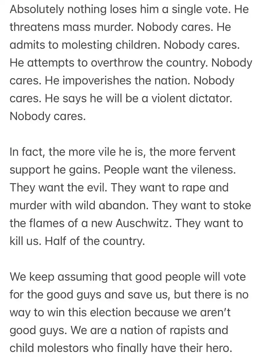 The image is a plain white background with black text that reads a highly charged political rant. The text accuses a…