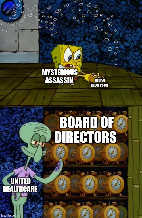 The image is a two-panel meme featuring characters from SpongeBob SquarePants. The top panel shows SpongeBob with a menacing…