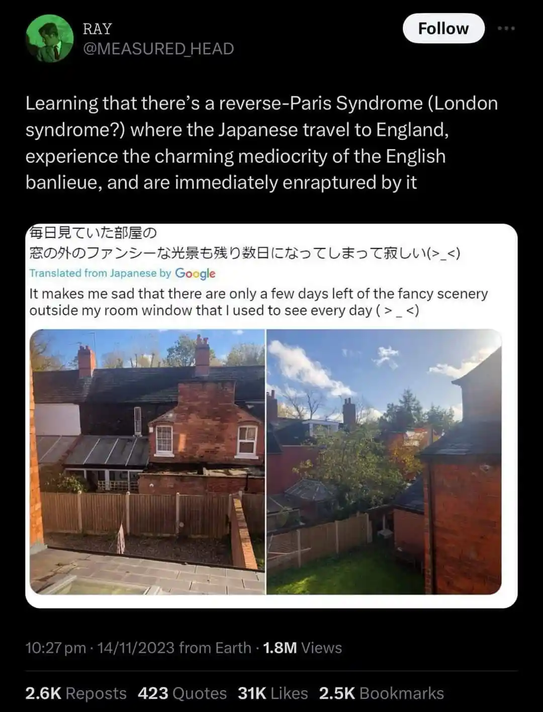 A screenshot of a tweet showing two photos of a typical English suburban backyard with brick houses, fences, and trees under…
