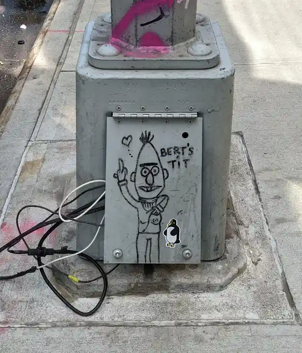 A crudely drawn cartoon of Bert from Sesame Street is spray-painted on a gray utility box on a sidewalk, with the text…