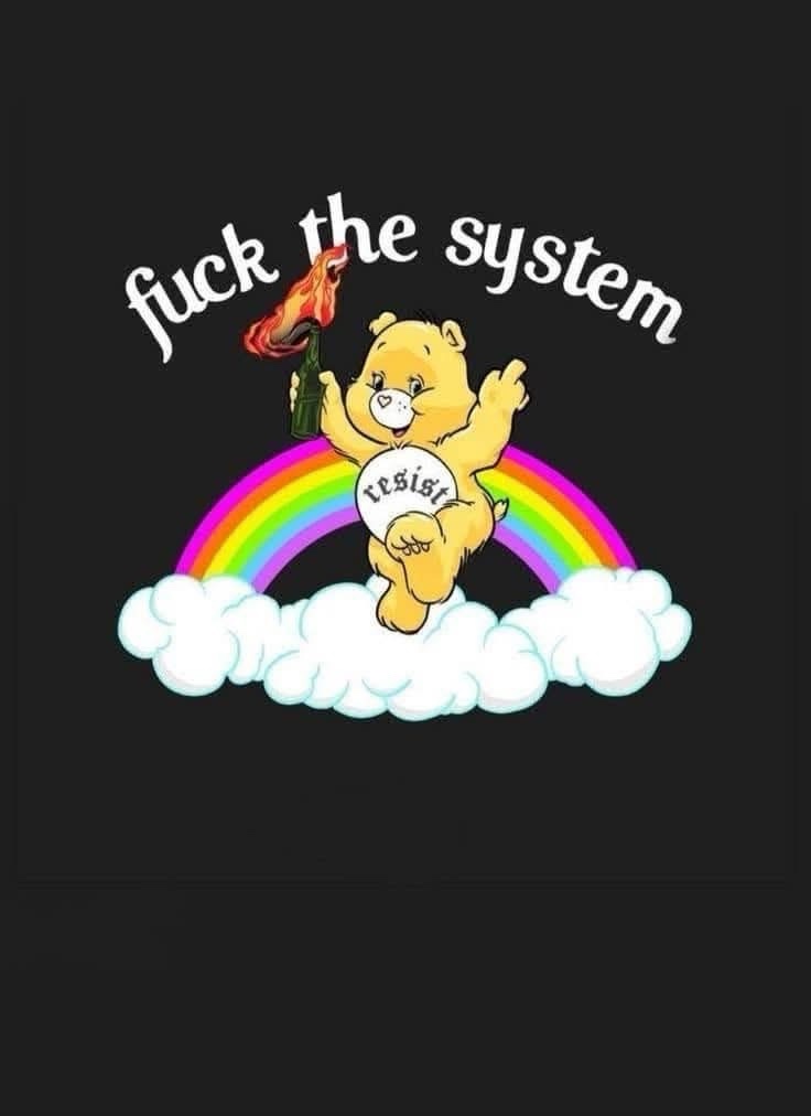 A cartoon yellow Care Bear stands on a cloud holding a flaming bottle, with a rainbow behind it. The bear's belly has the…