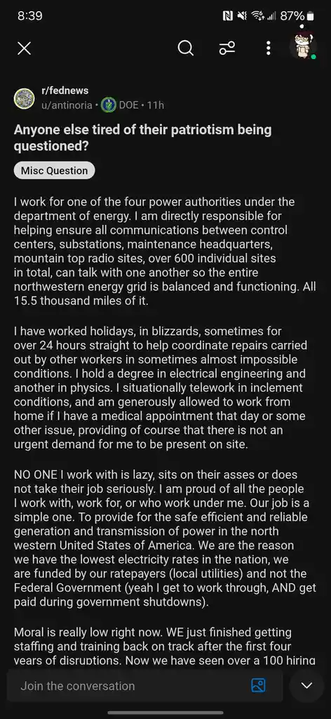 A screenshot of a Reddit post from r/fednews where a user describes their job managing the energy grid for the Department of…