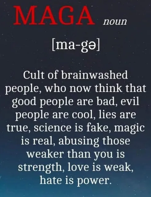 A dark blue gradient background with white and red text defining 'MAGA' as a noun with a phonetic spelling, followed by a…