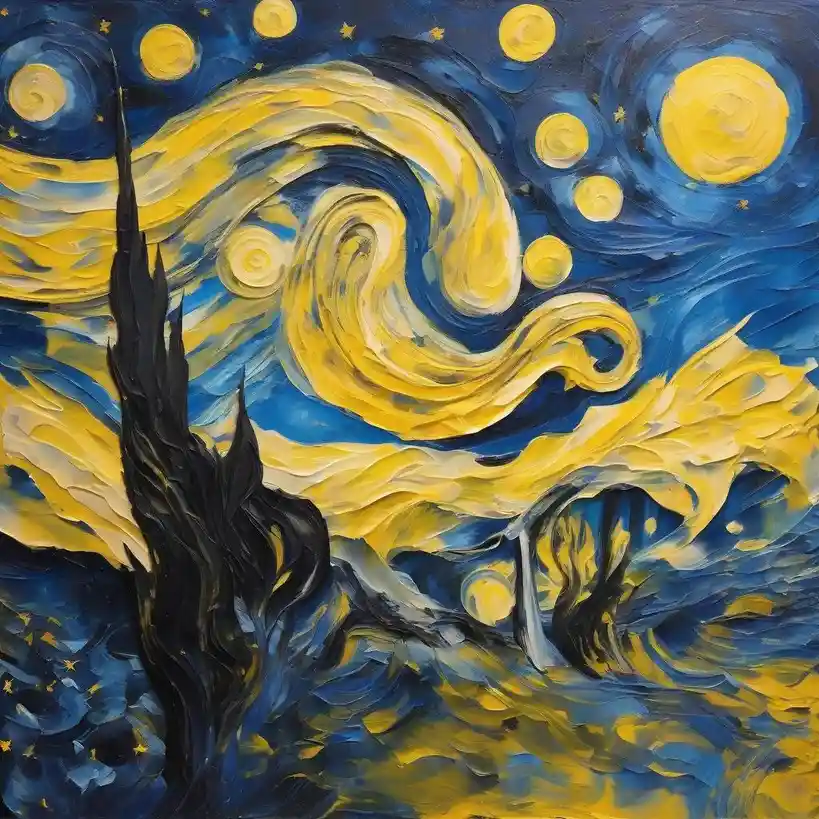 A painting of swirling blue and yellow night sky with stars and a dark cypress tree, overlaid with the text 'i'm not crying…