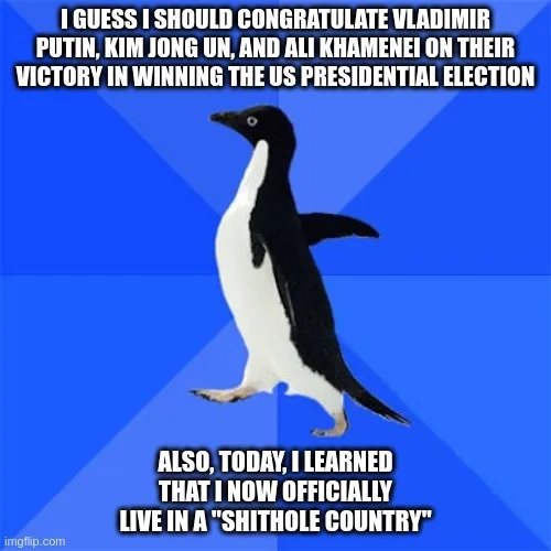 A black-and-white penguin stands against a blue background, with white text overlaid in two sections. The top text reads: 'I…