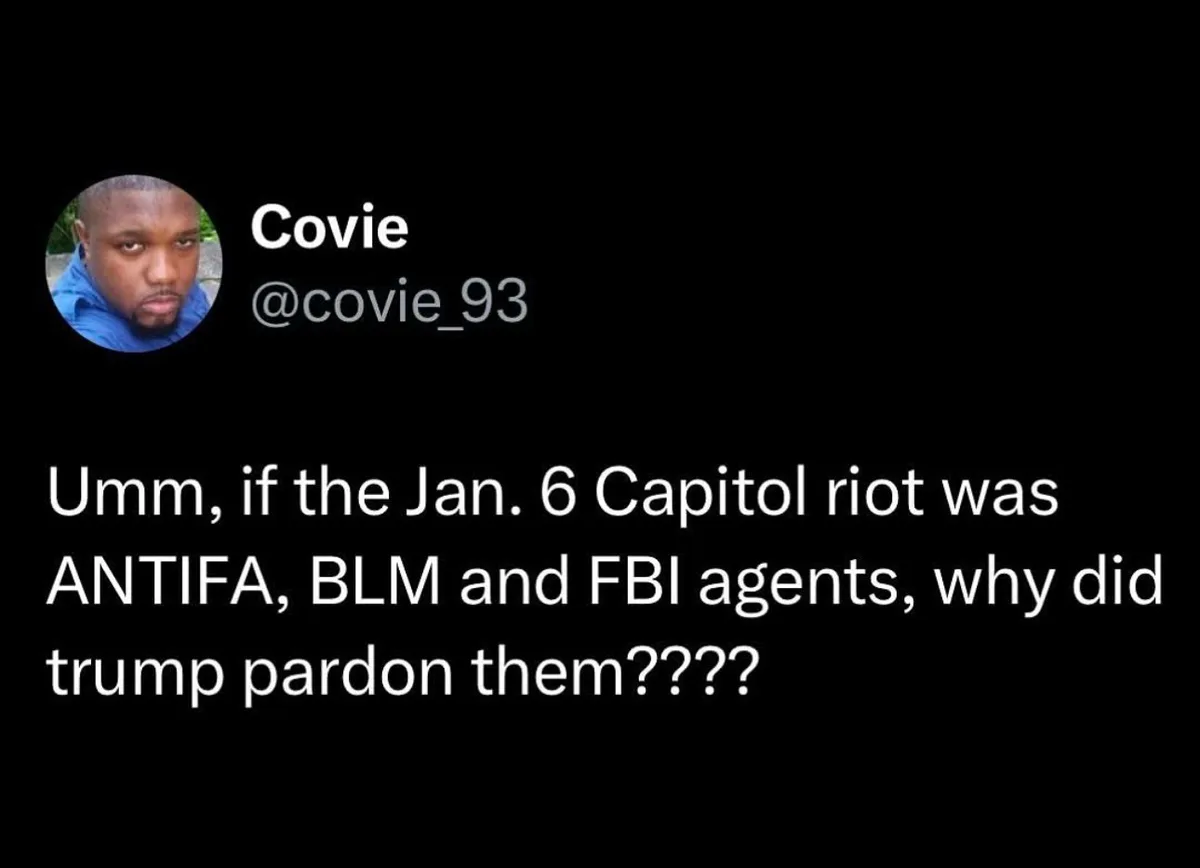 A screenshot of a tweet from user 'Covie' (@covie_93) featuring a photo of a Black man in a blue hoodie looking skeptical…