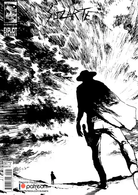 A black and white comic book cover featuring a large, dramatic silhouette of a cowboy in a wide-brimmed hat and flowing cape…