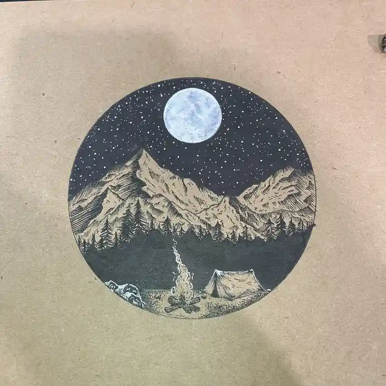 A circular illustration depicts a serene nighttime camping scene with a full moon, stars, mountains, pine trees, a campfire…