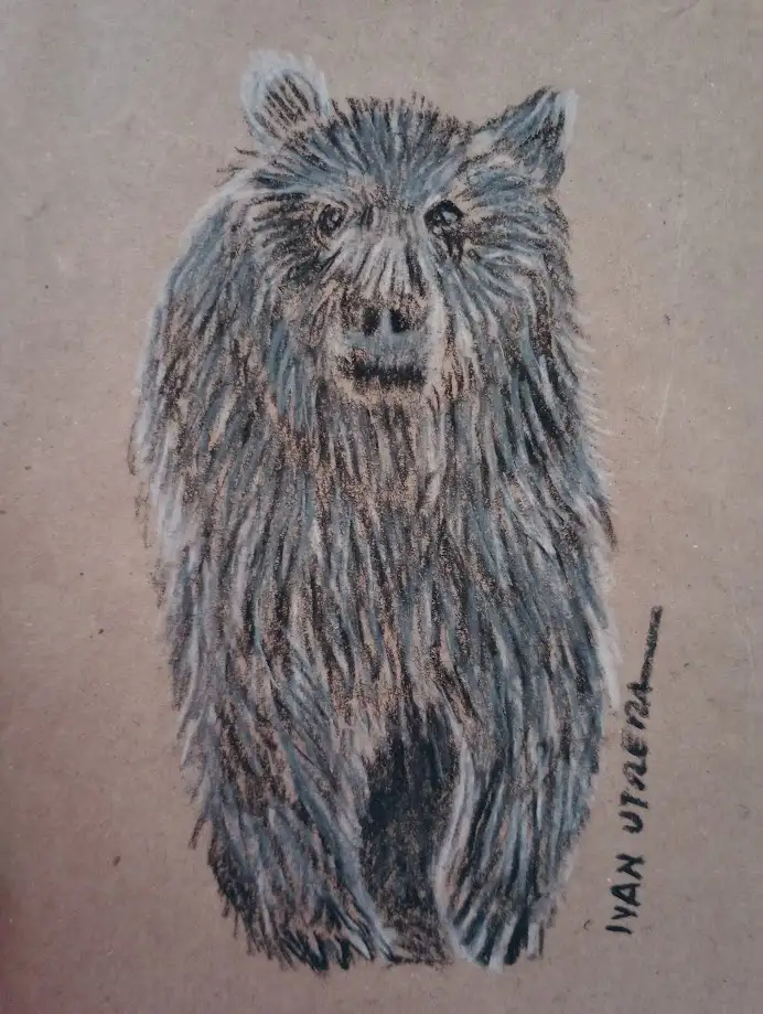 A hand-drawn sketch of a shaggy, furry animal resembling a bear, rendered in charcoal or pastel on textured brown paper. The…