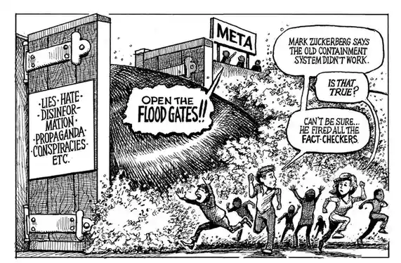 A black-and-white comic depicts a dam labeled 'META' with a large flood of words like 'LIES', 'HATE', 'DISINFORMATION'…
