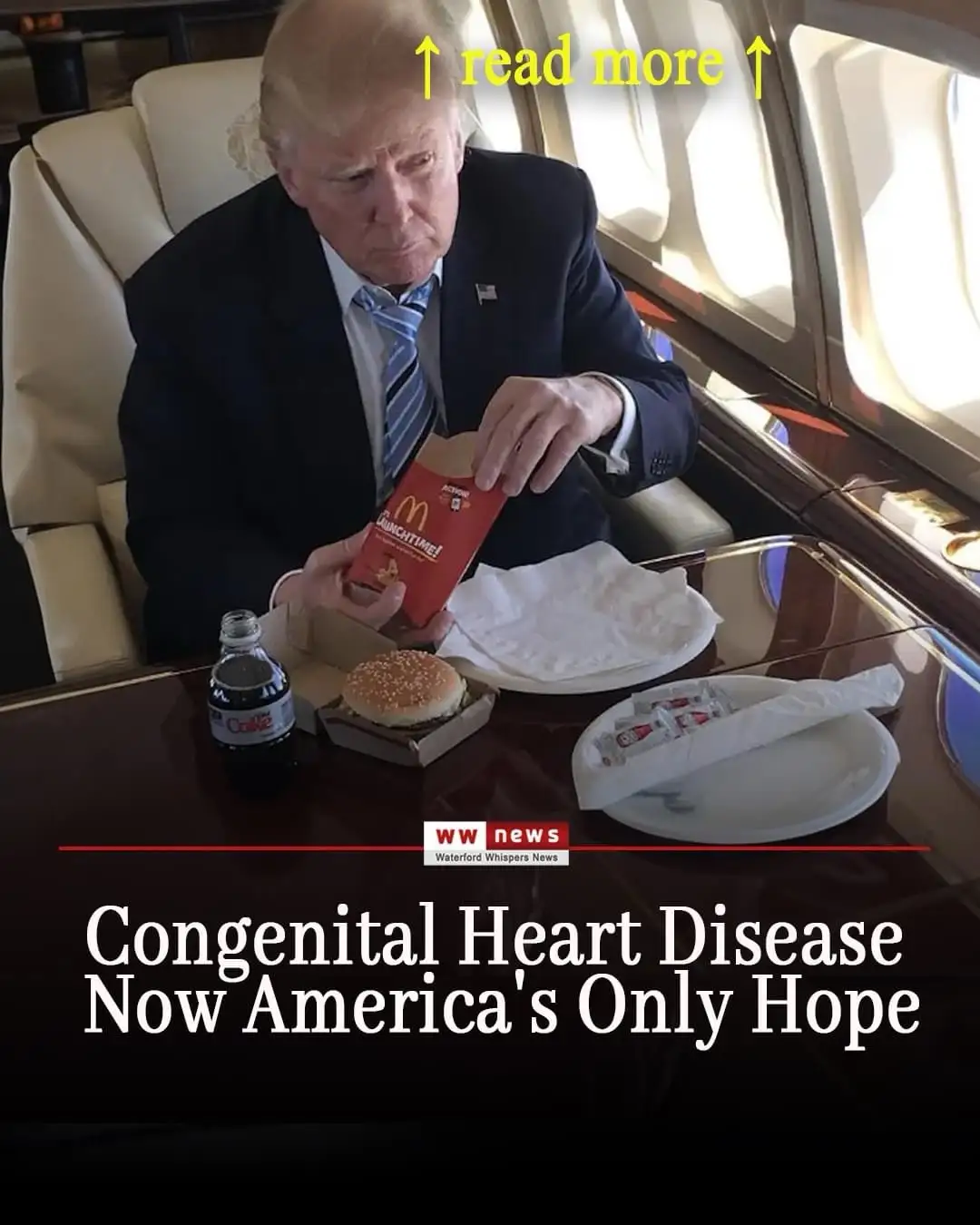 A man in a suit sits at a table inside a private jet, opening a McDonald's LunchTime! bag with a burger and a bottle of Coke…