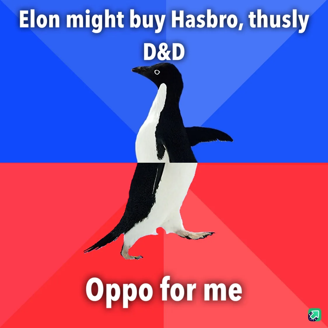 A penguin walks across a split background of blue and red, with white text at the top reading 'Elon might buy Hasbro, thusly…