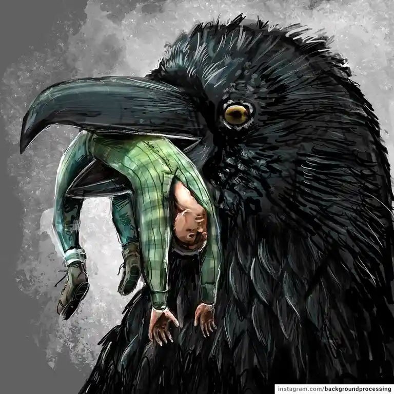 A person in a green plaid shirt and boots is being held upside down in the beak of a large, menacing black bird with a…
