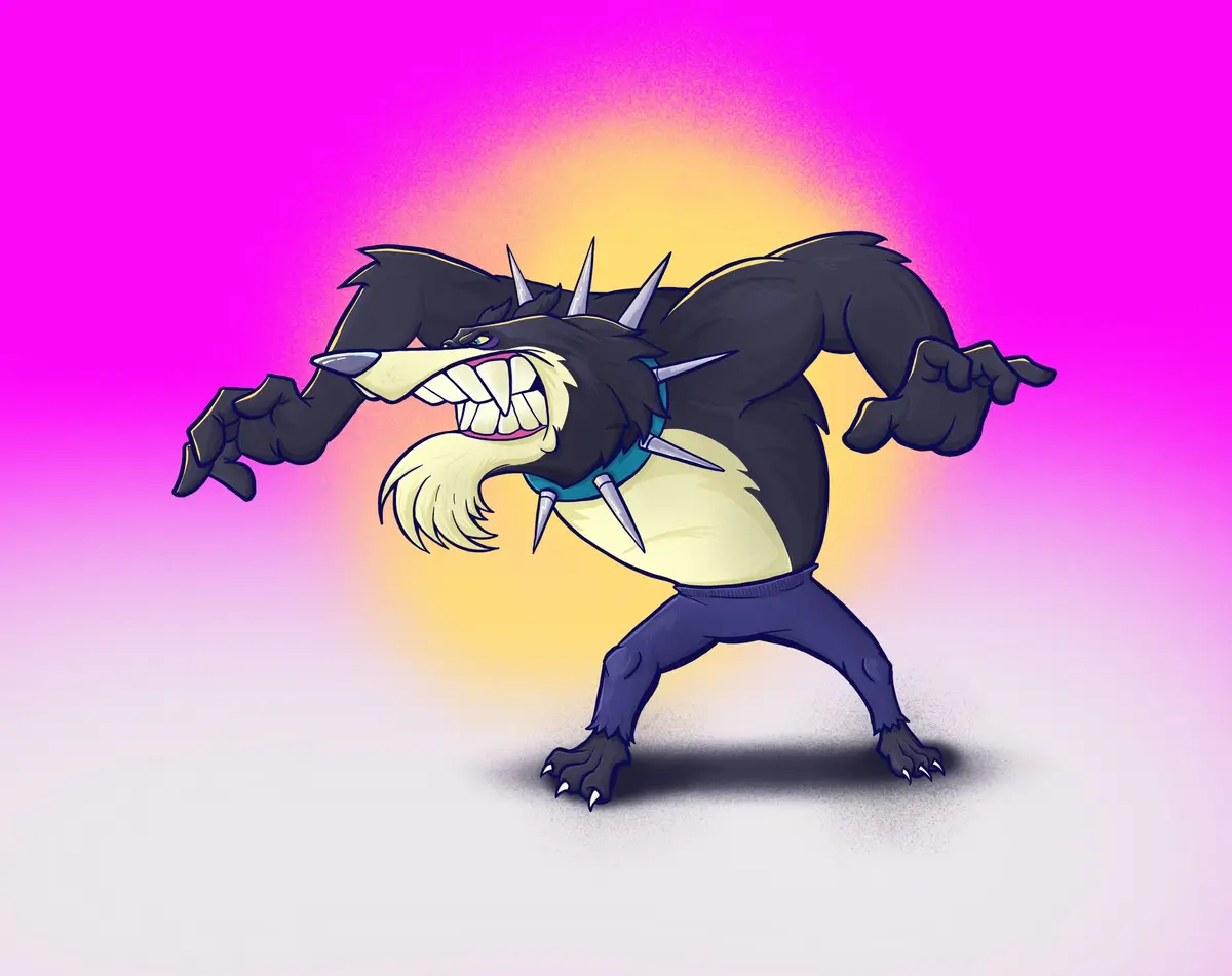 A cartoon Tasmanian devil with black fur, a yellow chest, and spikes on its back is shown in an aggressive, flexing pose…