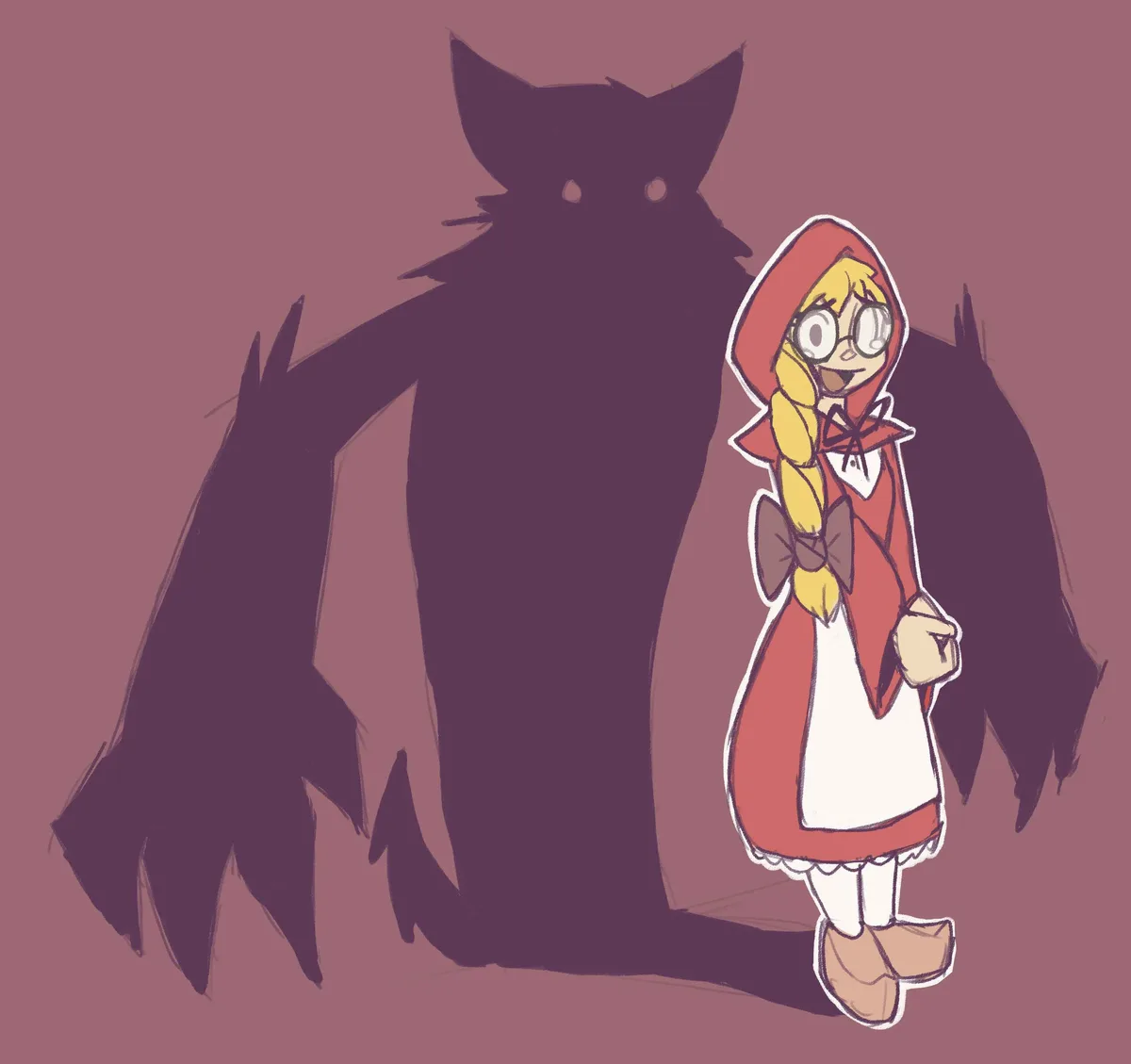 An anime-style girl in a red hooded dress and glasses stands smiling next to a large, menacing wolf shadow. The shadow has…