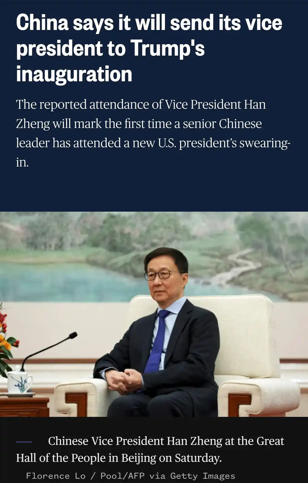 The image shows Chinese Vice President Han Zheng seated in a formal setting, wearing a dark suit and glasses, with a…