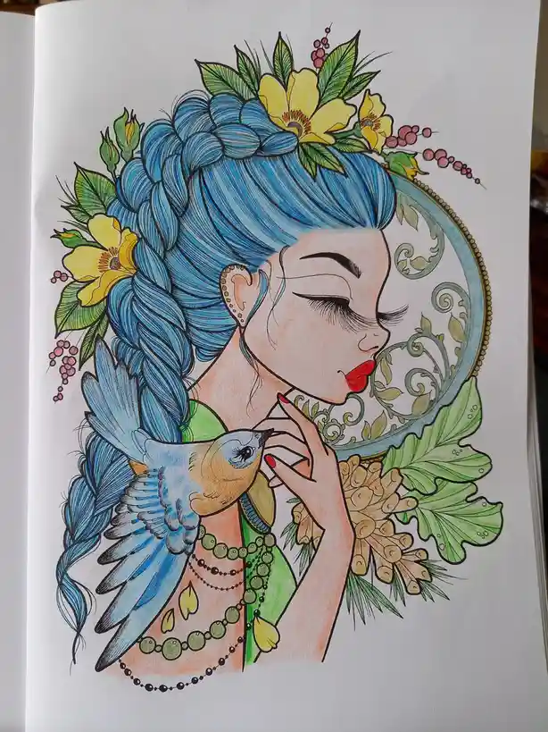 A colorful illustration of a woman with blue braided hair adorned with yellow flowers and green leaves, gently touching a…