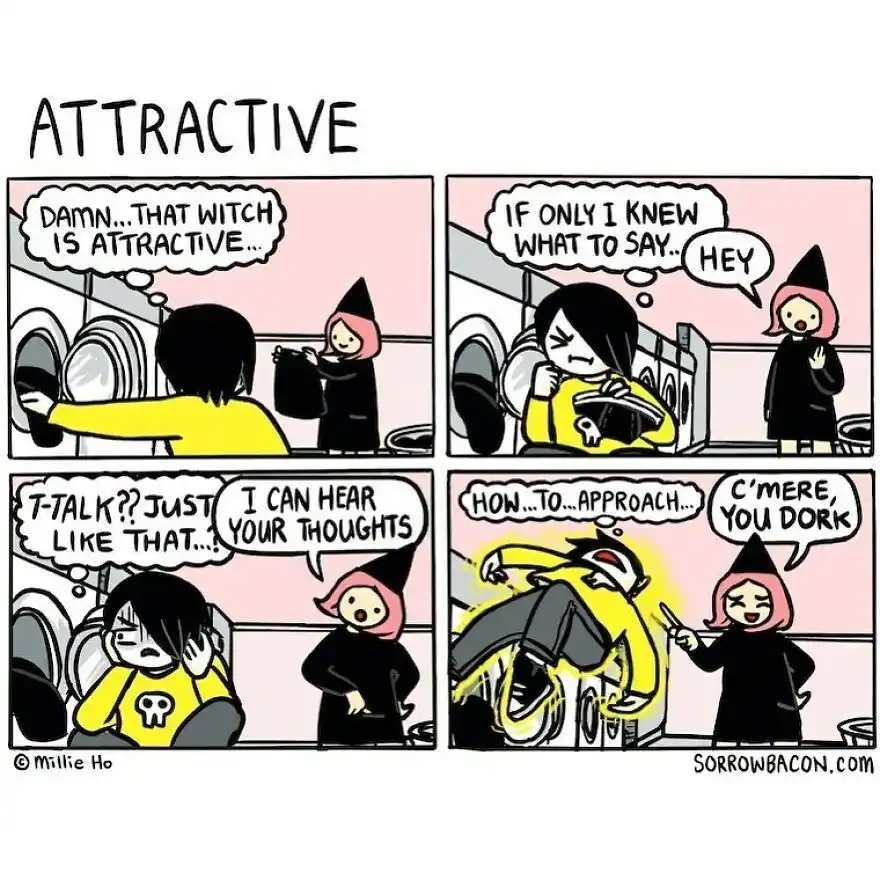A four-panel comic shows a nervous person in a yellow shirt admiring a witch in a laundromat, then trying to talk to her…